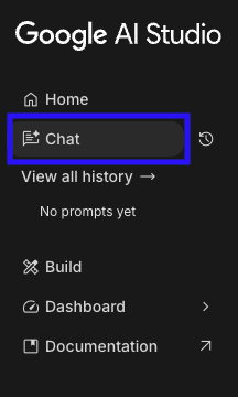 Google AI Studio에서 chat을 선택하는 모습