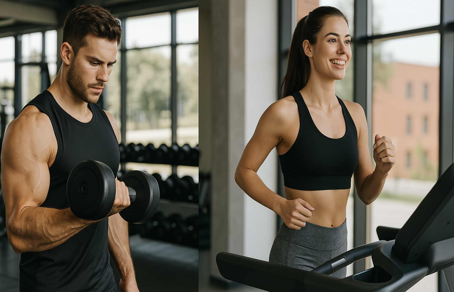 A fit man lifting a dumbbell and a woman jogging on a treadmill in a bright, modern gym, demonstrating a balanced workout routine.
