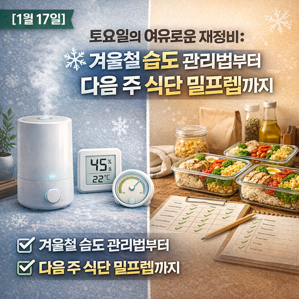 [1월 17일] 토요일의 여유로운 재정비: 겨울철 습도 관리법부터 다음 주 식단 밀프렙까지
주말 루틴, 토요일 가볼만한곳, 실내 습도 조절, 가습기 추천, 밀프렙 식단, 주간 식단표, 주말 일기, 1월 셋째 주 날씨, 자기계발 루틴, 자취생 요리
