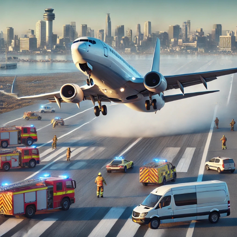 활주로에 소방차가 있고 비행기가 하늘에서 이륙하는 모습