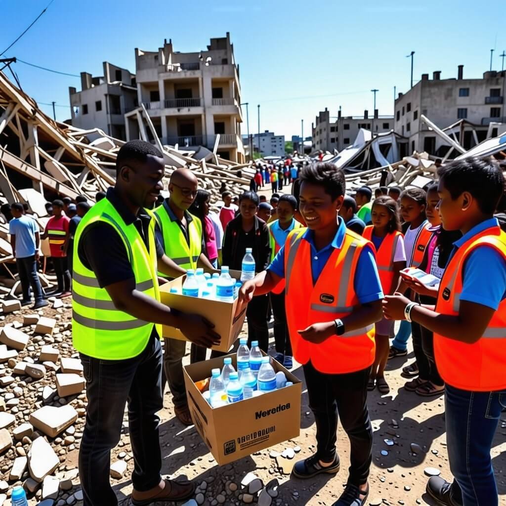 지진으로 파괴된 지역에 식량과 물품을 배급하는 인도주의 단체
