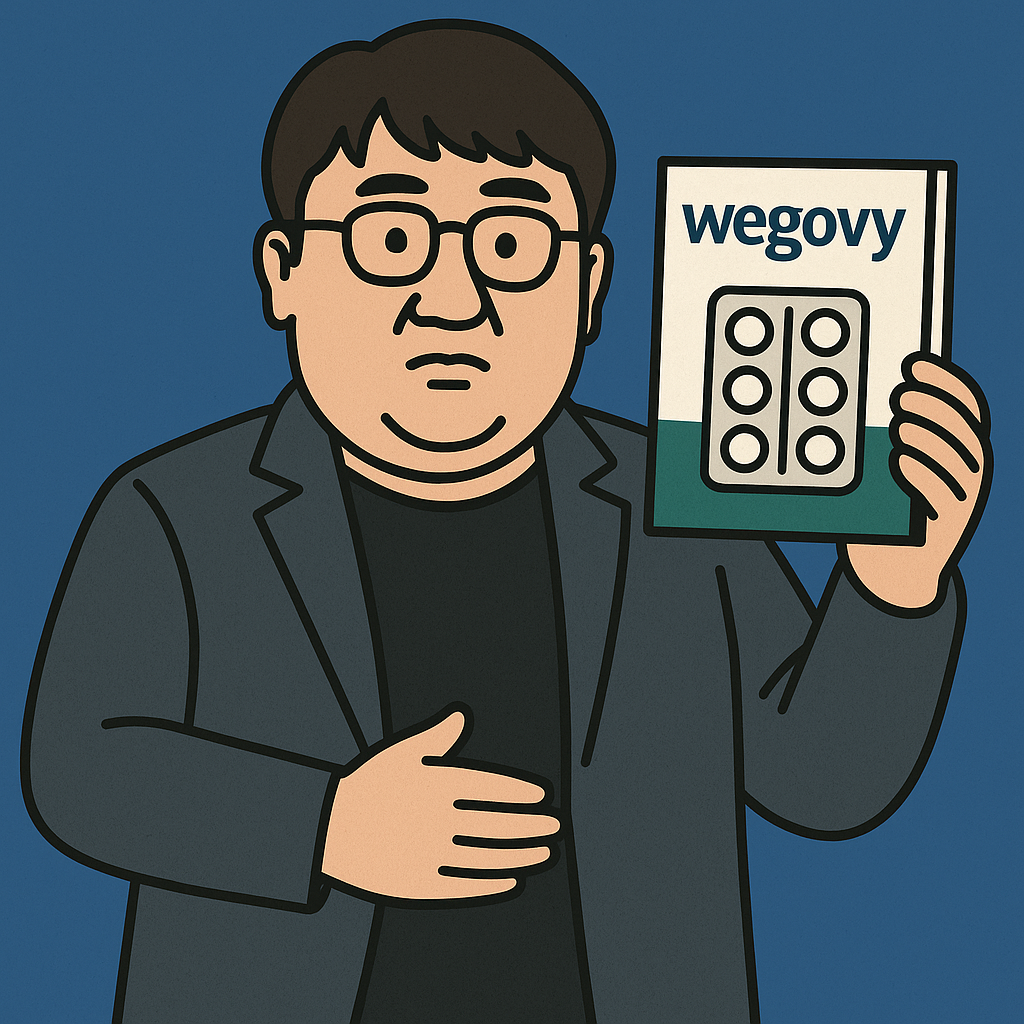 "검은색 안경과 재킷을 입은 중년 남성이 위고비(Wegovy) 다이어트 약 상자를 들고 걱정스러운 표정을 짓고 있는 평면 일러스트"