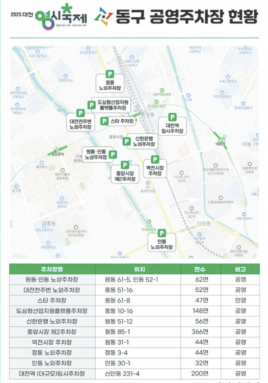 2025년 대전 0시 축제 중앙로역 일정, 임시승강장 위치, 우회 노선, 주차장 위치