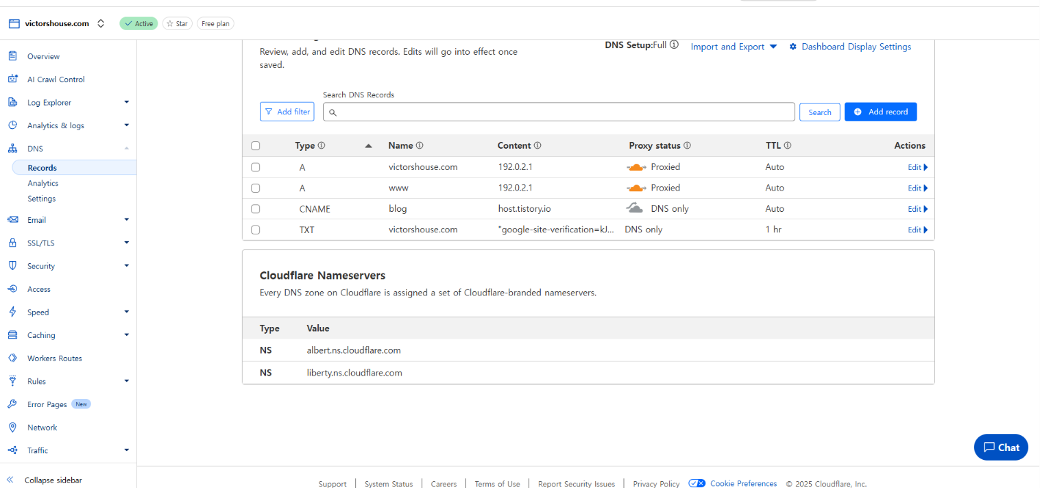 Cloudflare DNS + Redirect: Cloudflare DNS: A @/www=192.0.2.1(프록시 ON), blog CNAME=host.tistory.io(DNS only) + 301(경로&middot;쿼리 유지).
