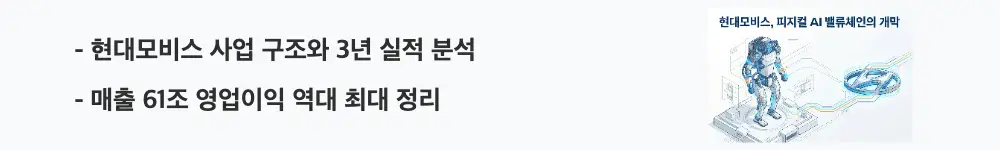 현대모비스 주가 전망: &rsquo;현대모비스 사업 구조와 3년 실적 분석'이라는 문구가 포함된 웹배너 이미지. 이 이미지는 현대모비스의 A/S 부품 중심 사업 구조와 2025년 매출 61조원, 부채비율 31.5%의 재무 흐름을 시각적으로 전달하며, 블로그의 현대모비스 주가 전망과 관련된 내용을 설명함