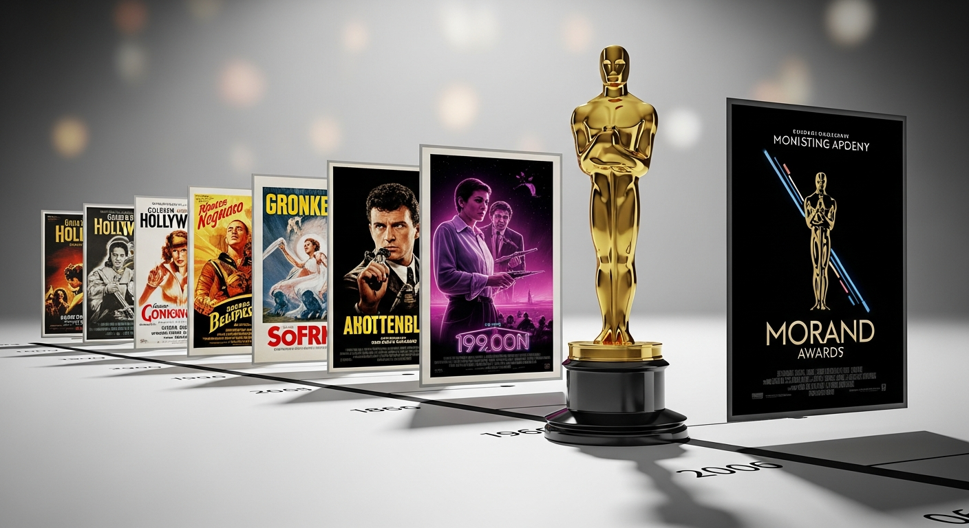 오래된 흑백 영화 포스터에서 시작하여 최신 수상작 포스터로 이어지는 타임라인 위에 오스카 트로피가 놓여있는 이미지