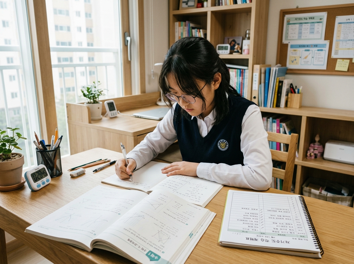 천호동 초중등 학생이 수학 교재로 자기주도 학습하는 모습
