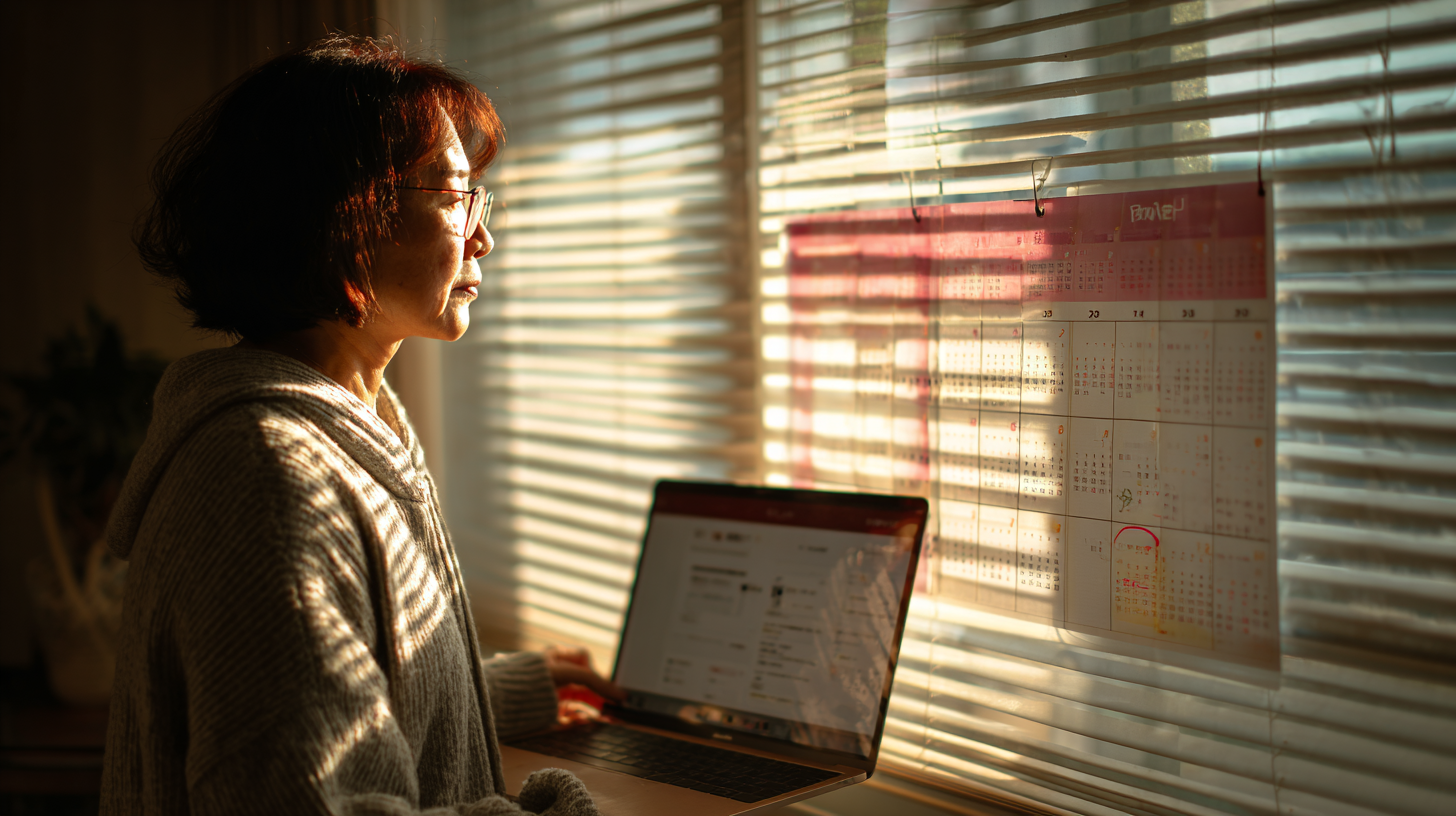 창업 연차 조건을 체크하며 마감일을 확인하는 중장년 여성의 신중한 모습.
