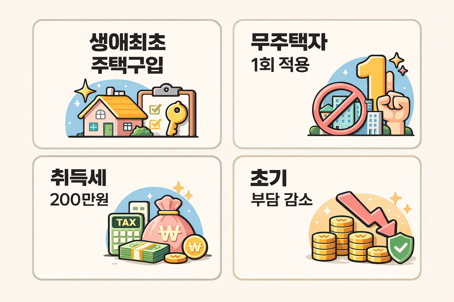 무주택자 1회 적용, 초기 부담 완화 등 생애최초 주택구입 취득세 면제 제도의 주요 조건과 세제 혜택을 정리한 인포그래픽