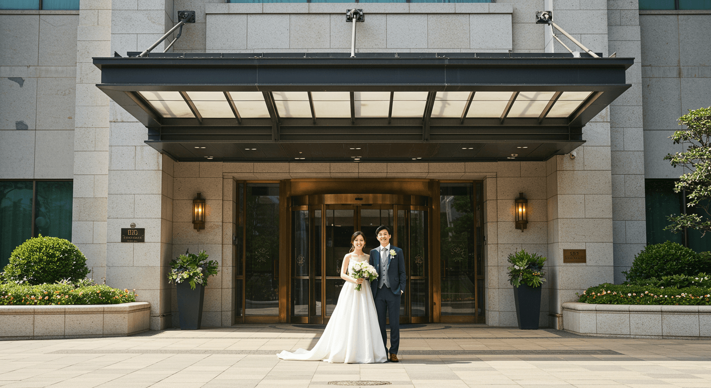 호텔 웨딩홀 앞에서 환하게 웃는 한국 신랑신부 모습 1