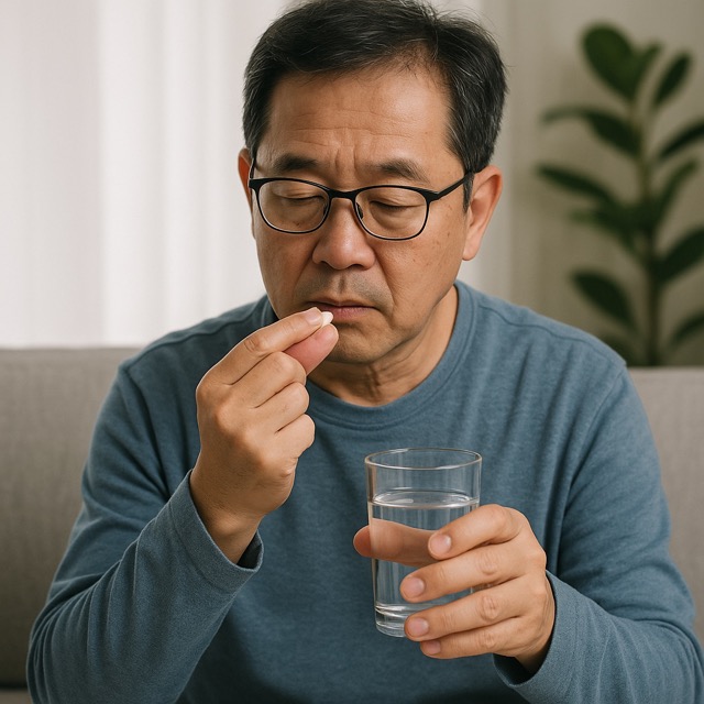 뇌졸중 재발 방지를 위해 매일 약을 복용하는 중년 남성(출처: 자체제작)