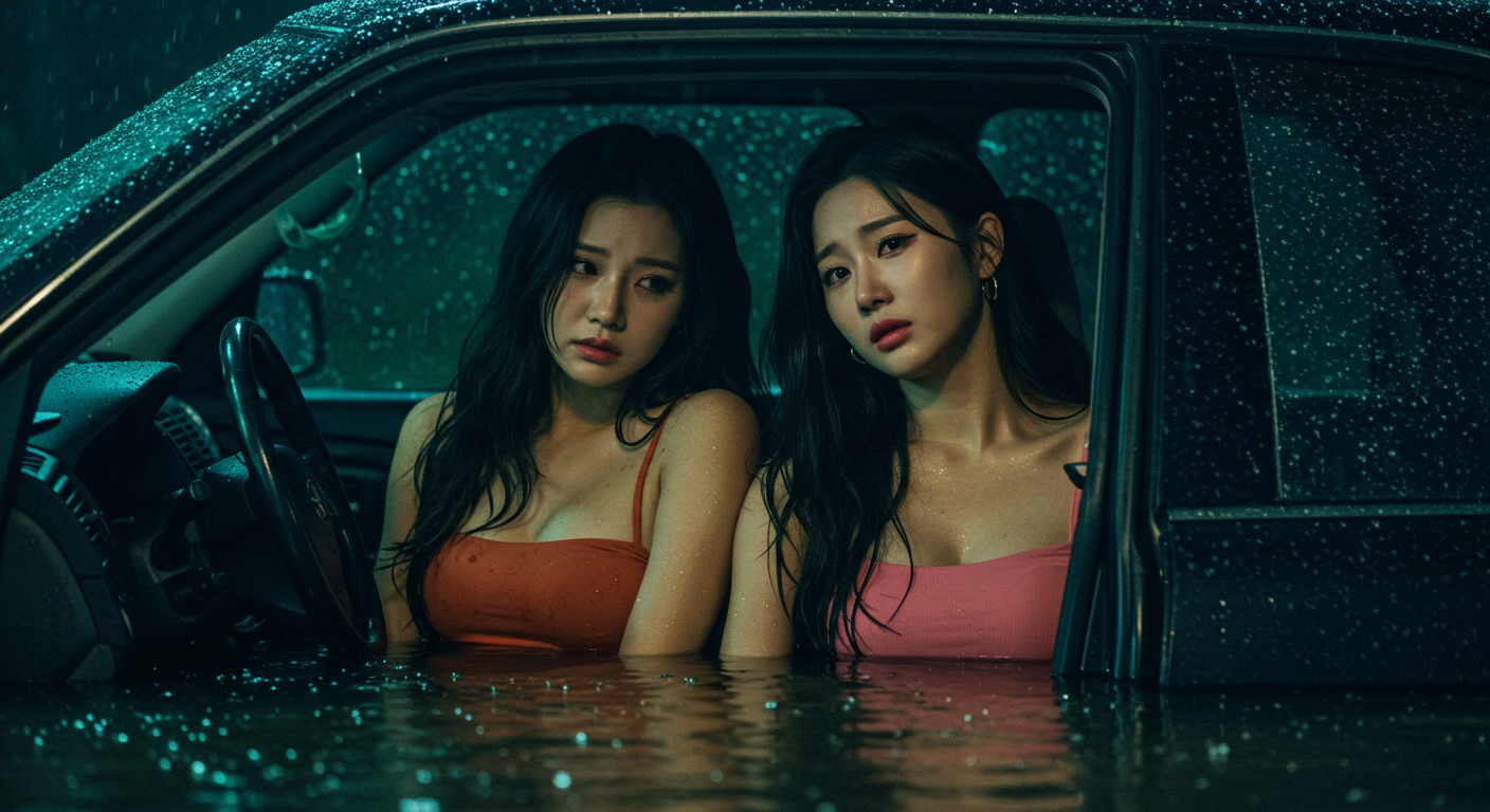 침수차에 앉아있는 두 여인