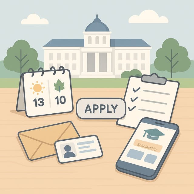 대학 캠퍼스 배경에 달력 8/13과 9/10이 표시되고 신청 버튼과 체크리스트가 놓인 깔끔한 데스크 구성 이미지