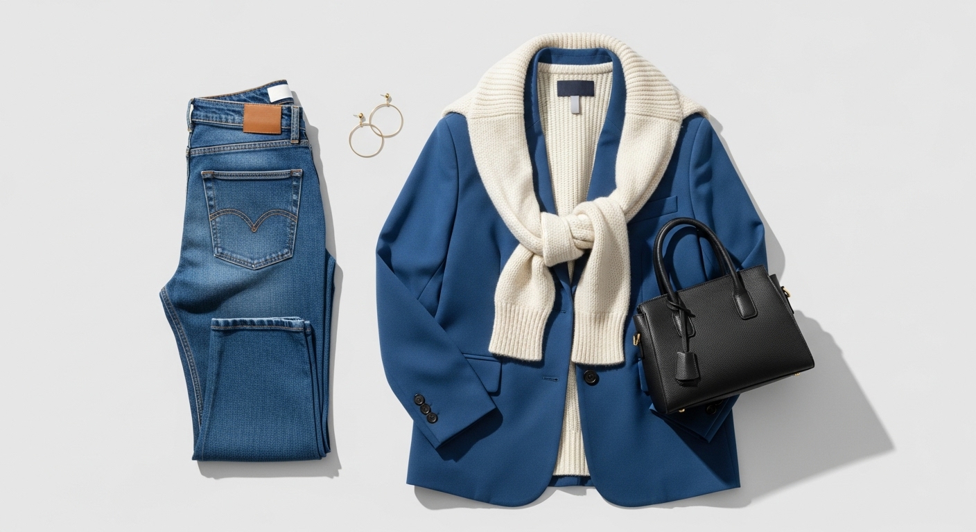 2025년 중년 여성에게 추천하는 클래식 블루 블레이저, 데님 팬츠, 니트, 가방, 귀걸이 등 세련된 동안 패션 아이템 컬렉션.