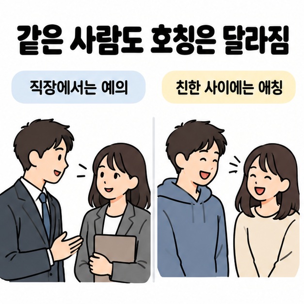 같은 사람도 호칭은 달라진다는 문구 아래 직장에서 예의를 갖추는 모습과 친한 사이에서 편하게 대화하는 모습