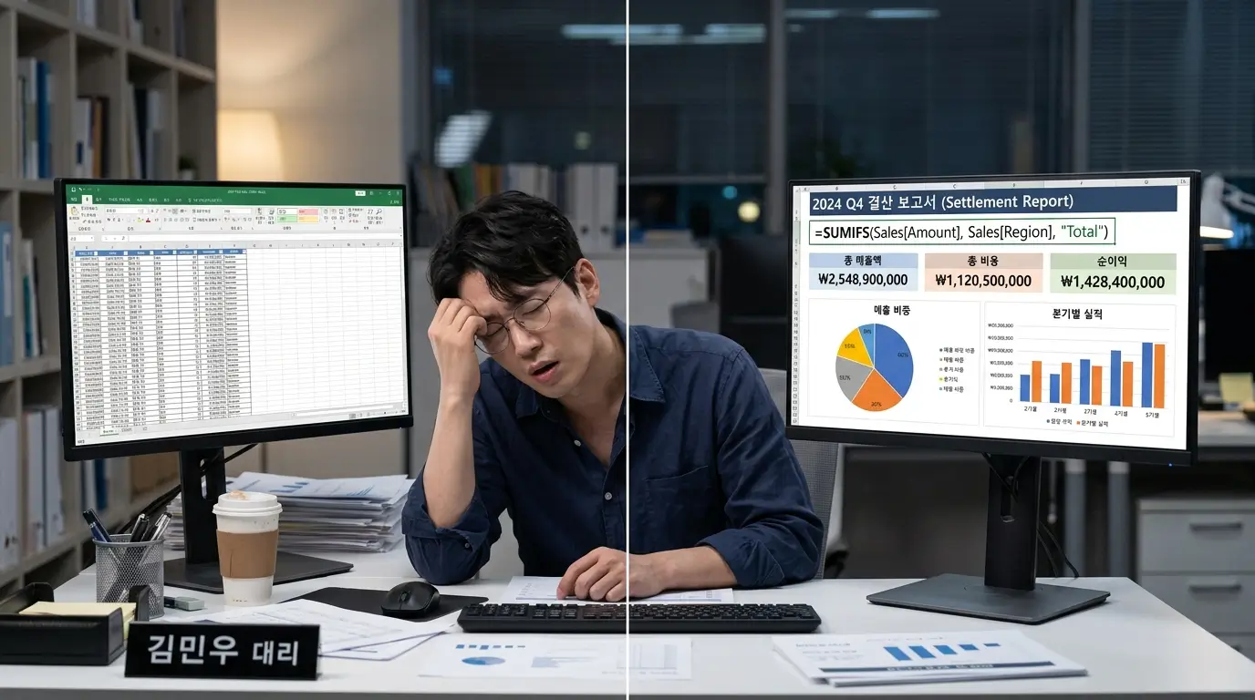 수만 줄의 엑셀 데이터를 눈으로 찾느라 지친 직장인과 수식 한 줄로 완벽하게 정리된 결산 보고서의 극명한 비교 화면