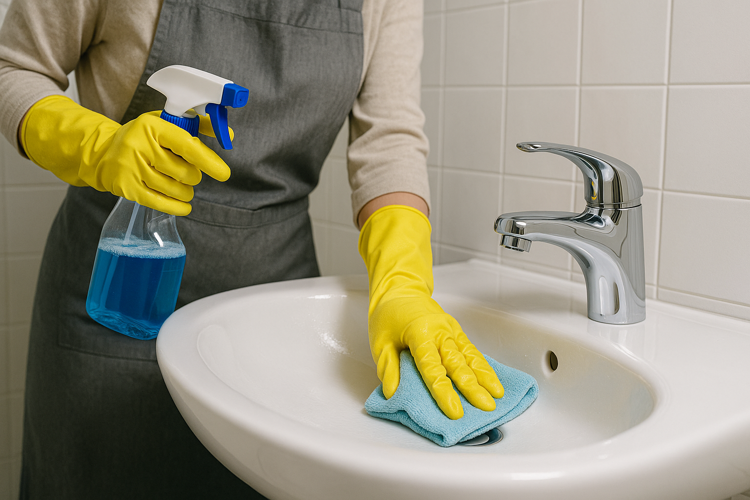 화장실 광택나게 청소하는 사진