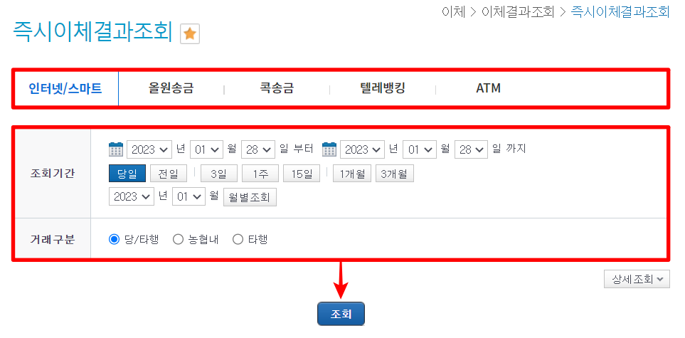 이체 방식을 선택하고, 조회기간과 거래구분을 설정한 뒤, 조회 진행