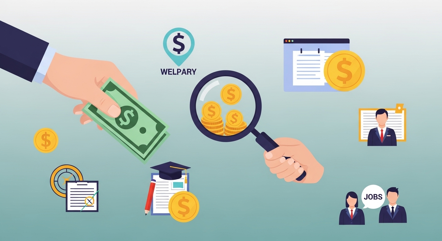 손에 돈을 들고 돋보기로 숨겨진 동전을 찾는 모습과 정부 지원, 복지, 교육, 고용 관련 아이콘들이 어우러진 밝고 희망찬 일러스트.