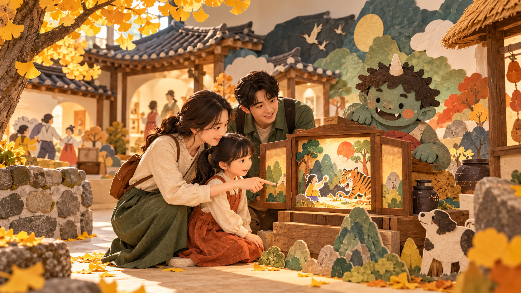 종이 도깨비와 옛이야기를 살펴보는 가족을 그린 어린이박물관 나들이 삽화