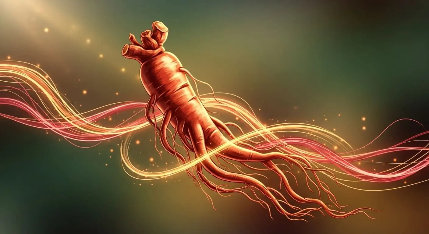 붉은색과 금색의 기운이 감도는 전통적인 홍삼 뿌리 이미지. 혈액순환 개선과 활력을 상징합니다.