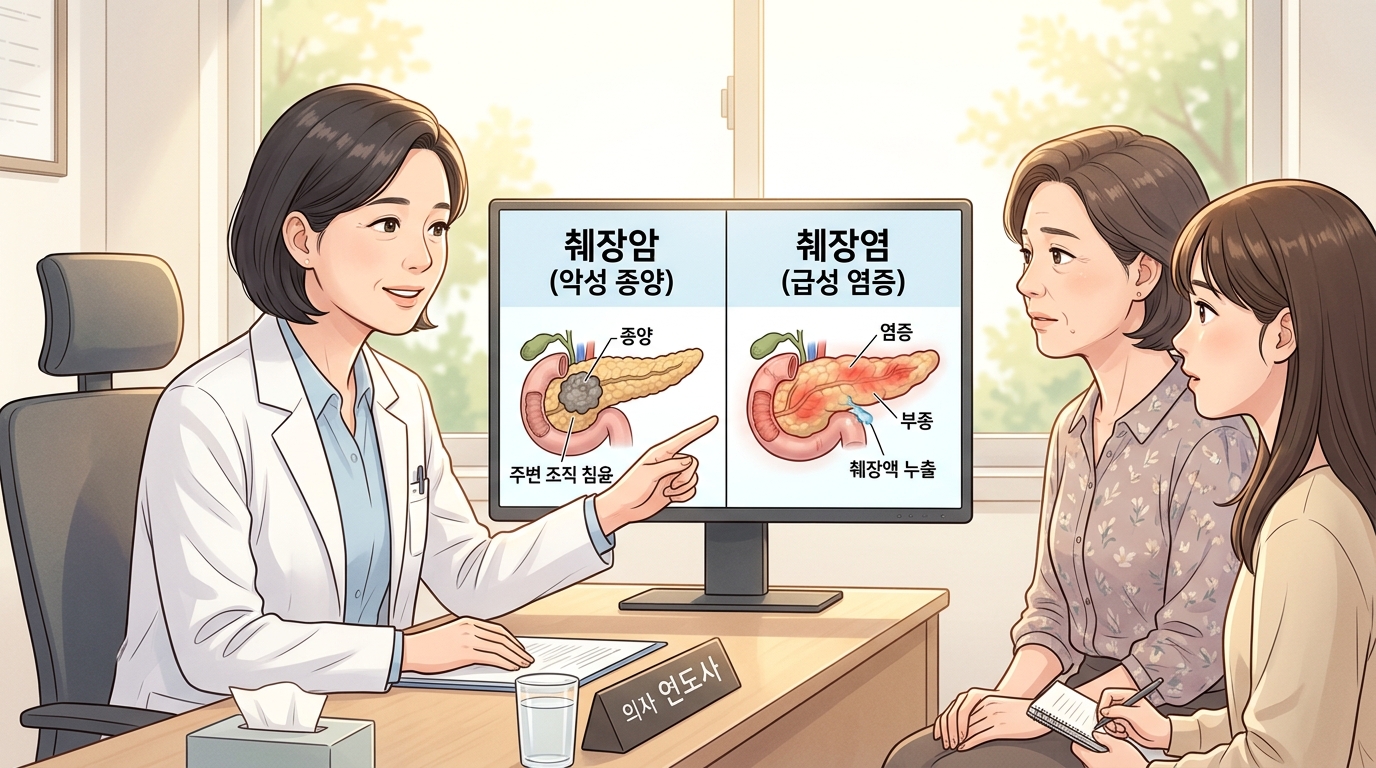 밝고 아늑한 병원 진료실에서 전문의 의사 선생님이 컴퓨터 모니터를 통해 췌장 조직의 단면 모형을 보여주며 췌장암과 췌장염의 차이점 가이드 수칙 및 통증 구별 방법을 환자에게 친절하게 가이드해 주는 2D 일러스트 이미지