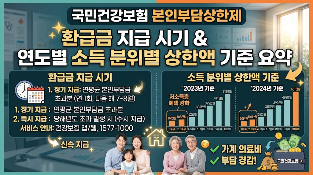 국민건강보험 본인부담상한제 환급금 지급 시기와 연도별 소득 분위별 상한액 기준 요약 썸네일. 정기 및 즉시 지급 시기 조건(연평균 본인부담금 초과분 연 1회 지급 등)과 2023년 및 2024년 소득 분위별 상한액 비교 그래프, 가족 일러스트가 포함된 정보성 이미지
