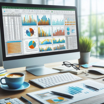 여러 대의 컴퓨터 화면에서 데이터 분석 차트와 그래프를 보여주는 사진입니다.