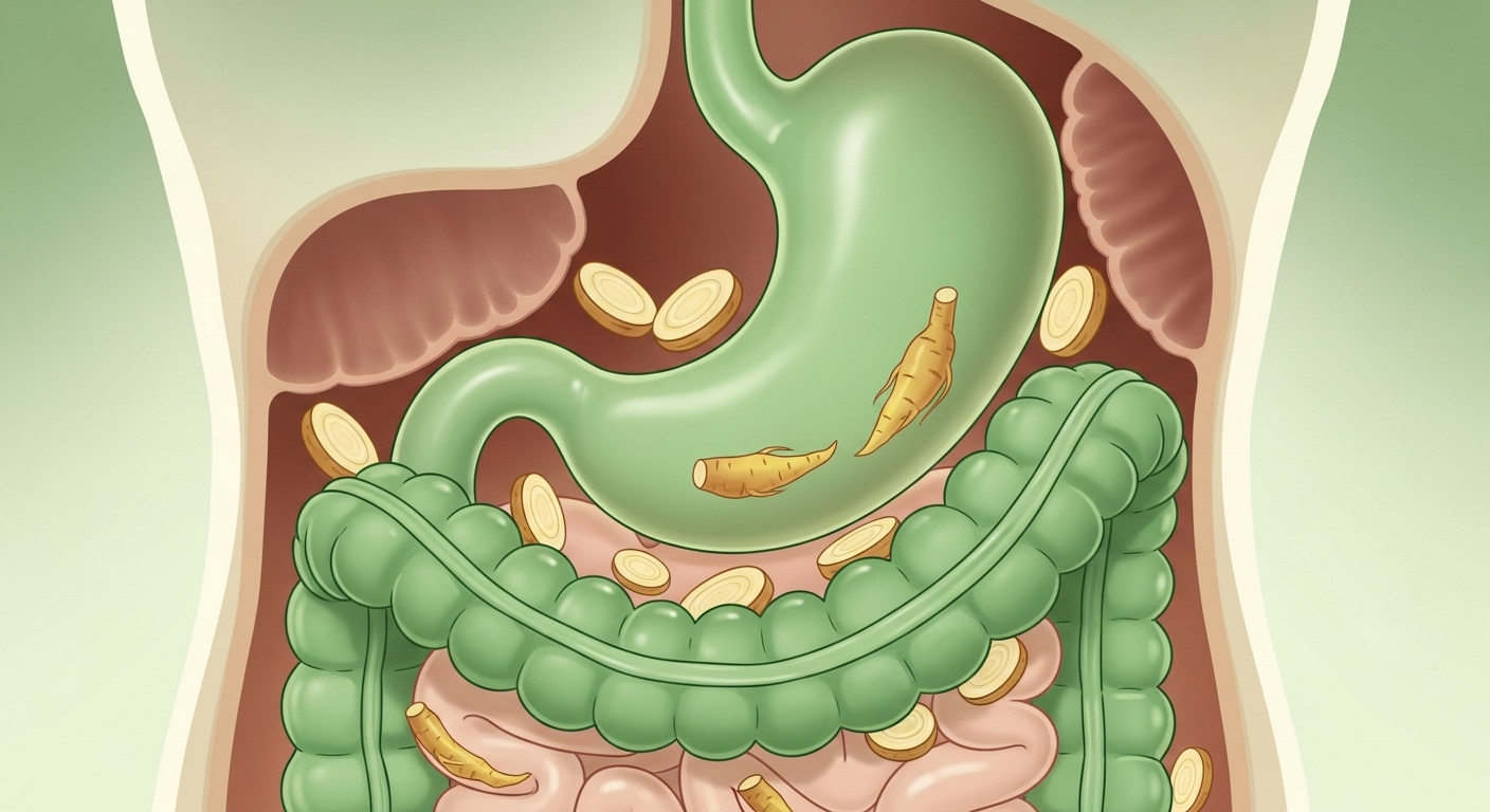건강한 위장과 더덕 뿌리가 조화롭게 표현되어 위장 건강 및 소화 기능 개선을 나타내는 그림.