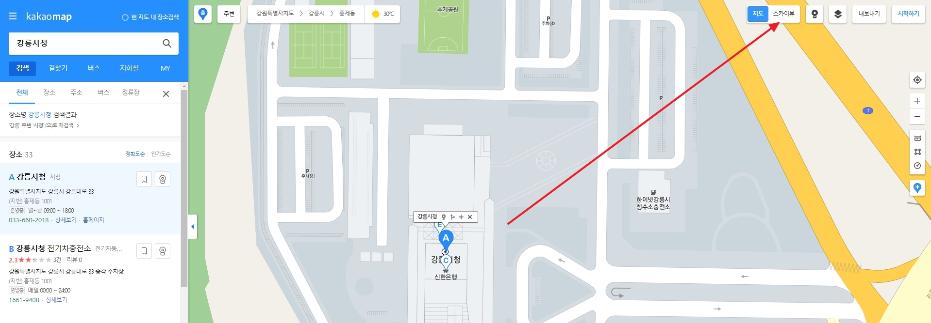 우측 상단 메뉴에서 스카이뷰 모드를 활성화한 화면