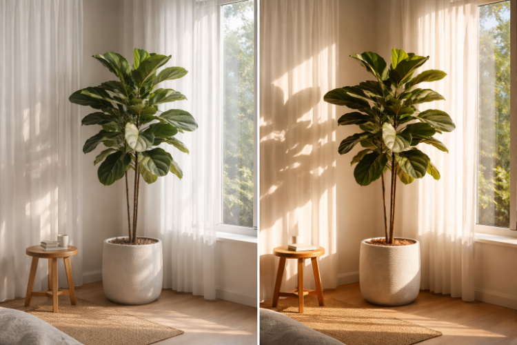 창가에서 햇빛의 강도와 방향 차이를 확인하는 식물 배치 모습