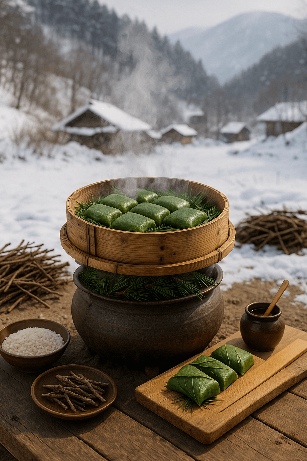 강원도 정선의 겨울 산속에서 만든 솔가지 훈증 찰떡