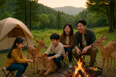 남이섬에서 캠핑하며 사슴과 교감하고 있는 모습