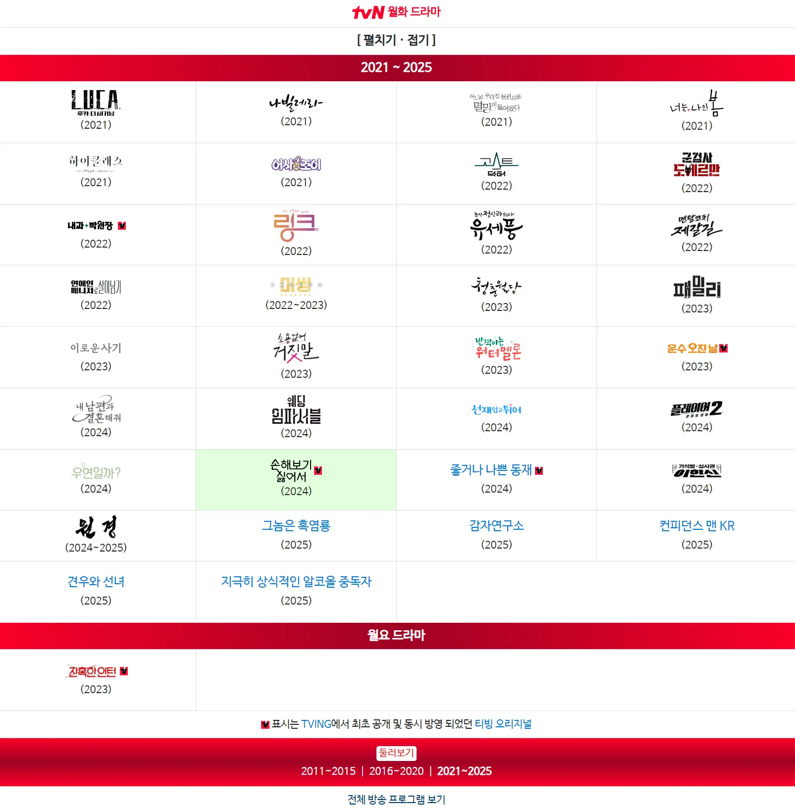 TVN 연도별 월화 드라마 목록
