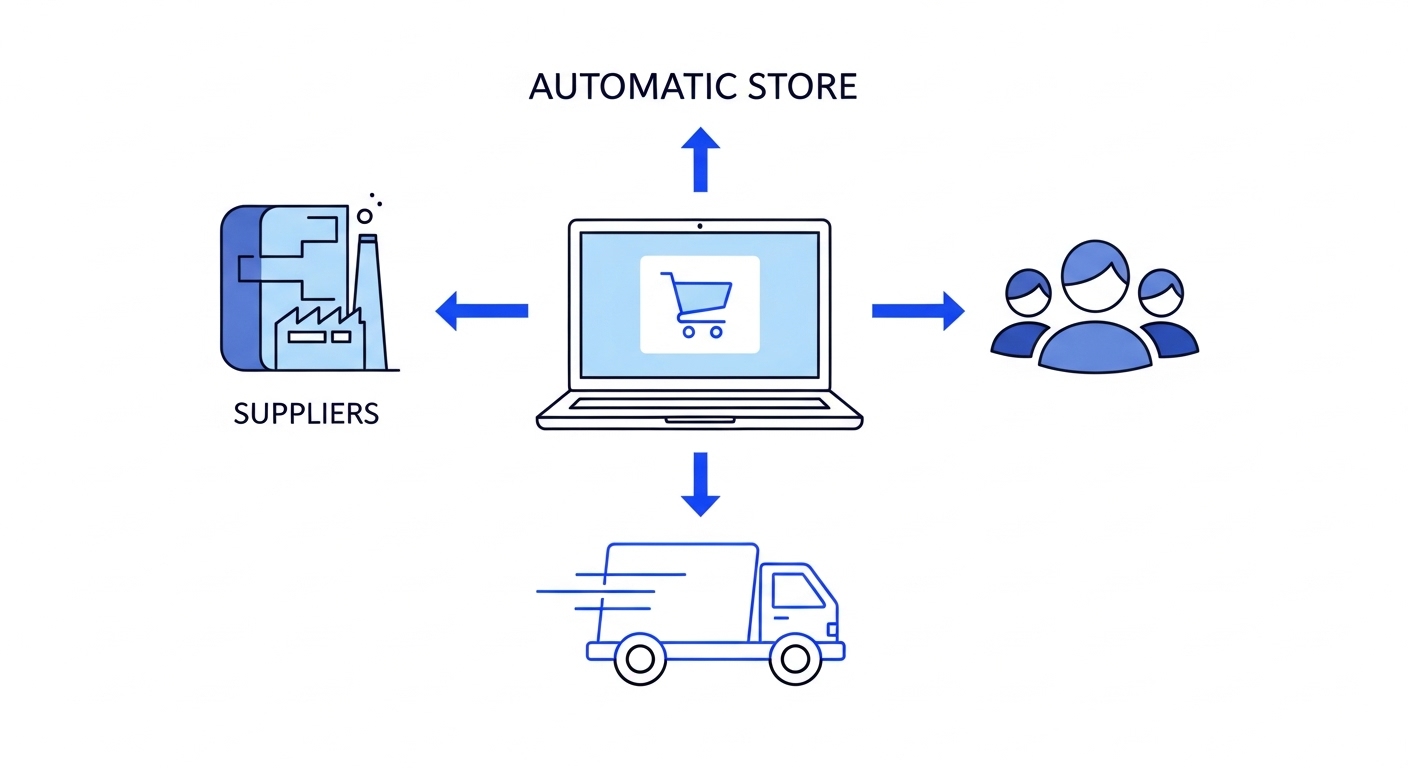 온라인 쇼핑몰을 자동화하여 위탁판매와 드롭쉬핑으로 수익을 창출하는 모습.