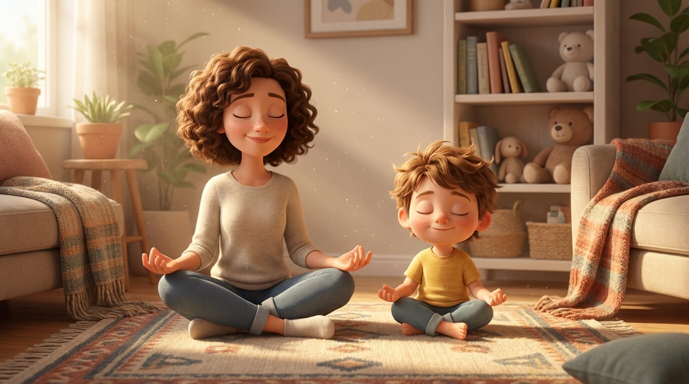 화가 날 때 마음을 가라앉히기 위해 아이와 마주 앉아 눈을 감고 깊은 숨을 쉬며 호흡 명상을 함께하는 3D 엄마와 아이의 차분한 모습.