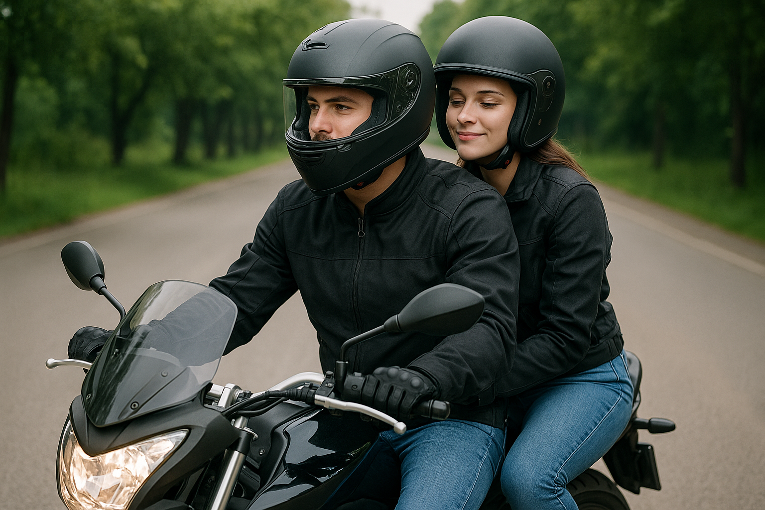 연인과 나란히 오토바이에 앉아 있는 라이더