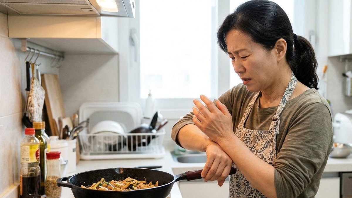 주방에서 프라이팬을 들다 손목을 짚는 여성