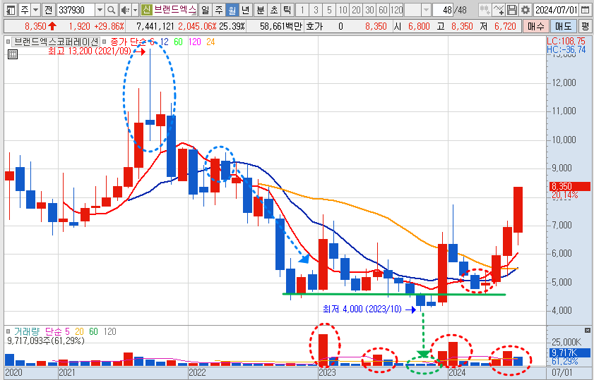 브랜드엑스코퍼레이션 주가 월봉 차트 분석