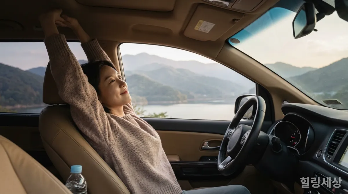 경치 좋은 휴게소에서 스트레칭하는 한국 여성 운전자