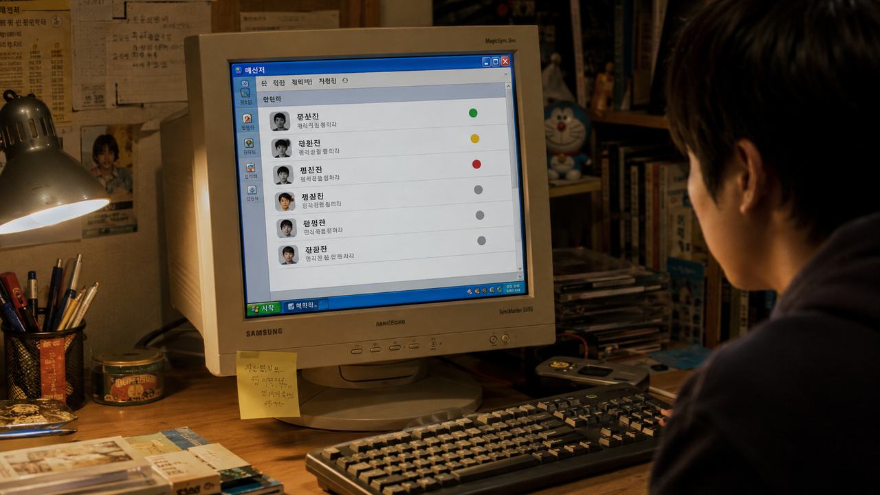 CRT 모니터의 메신저 친구 목록에 서로 다른 색의 접속 상태 표시가 보이는 모습