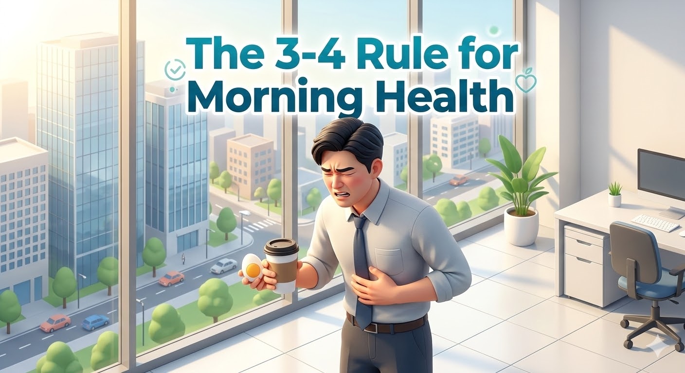 한 손엔 커피, 한 손엔 반숙란을 든 직장인이 명치를 부여잡고 당황해하는 모습과 '3-4의 법칙'이라는 문구가 강조된 그래픽