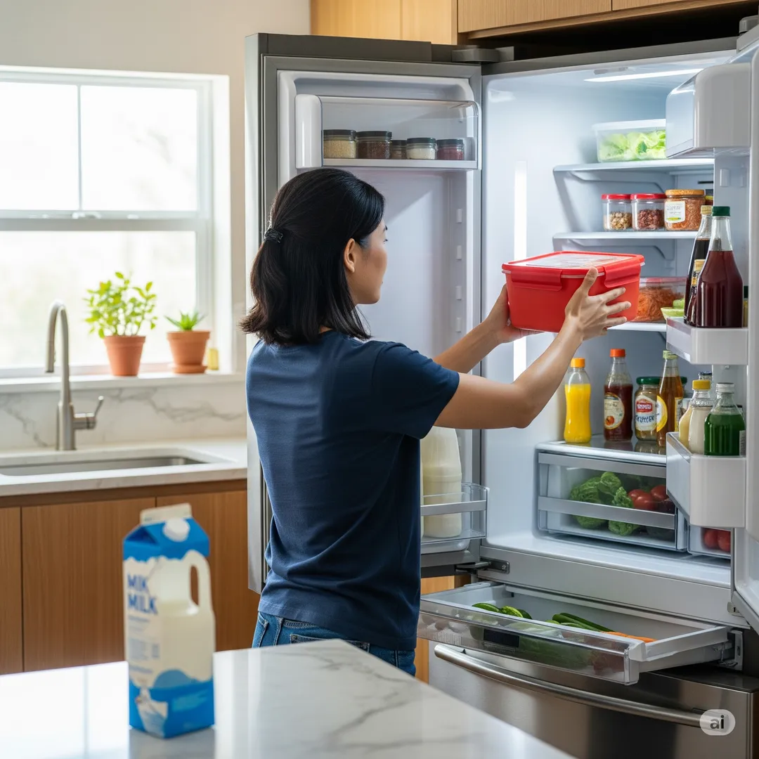 냉장고에 김치를 넣는 여성