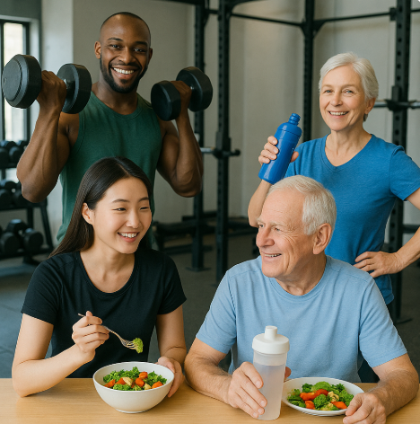 남녀노소 모두 모여 운동하고 식단하는 그림