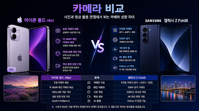 아이폰 폴드와 갤럭시 Z Fold8의 카메라 구성과 사진·영상 활용 성향을 비교한 이미지