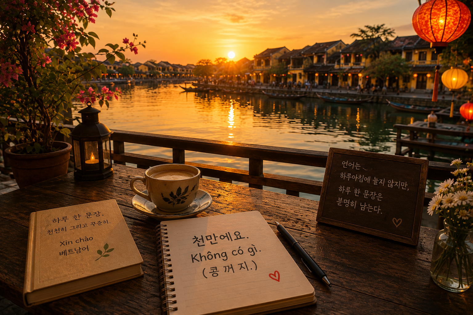 베트남 호이안의 노을 진 강변 카페 풍경. 나무 테이블 위에는 따뜻한 커피 한 잔과 베트남어 학습 노트가 펼쳐져 있으며, 오늘의 문장 "천만에요. Không có gì. (콩 꺼 지.)" 가 적혀 있다. 강물 위로 석양이 반사되고 붉은 등불과 노란 건물들이 따뜻한 분위기를 만들고 있는 감성적인 베트남 여행 풍경.