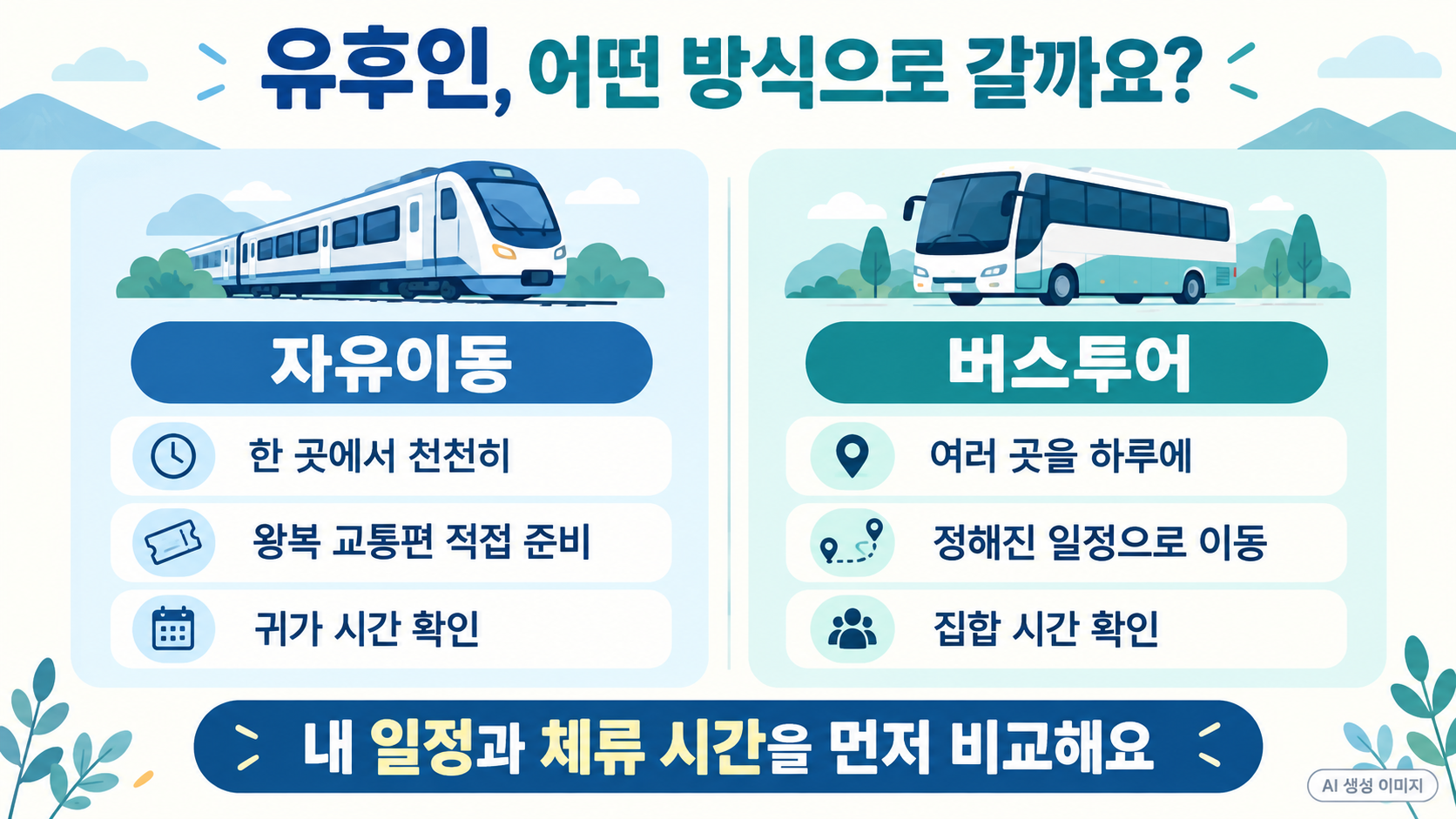 유후인 자유이동과 버스투어 선택 기준 비교 인포그래픽