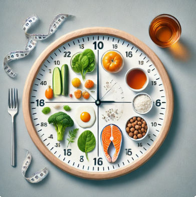 시계 안에 채소, 생선 등 건강식이 올려져 있는 간헐적 단식 이미지