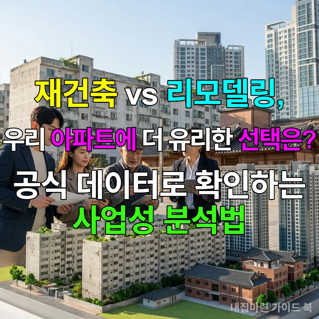 노후 아파트 단지에서 재건축과 리모델링을 고민하는 한국인들의 모습. 전문가와 함께 사업성 분석 자료를 검토하고 있다.