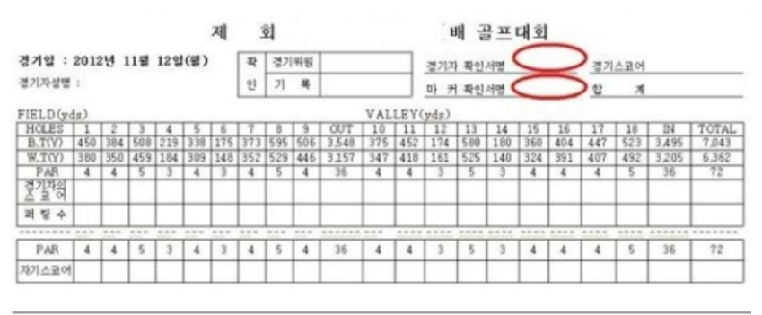 골프 시합 스코어카드
